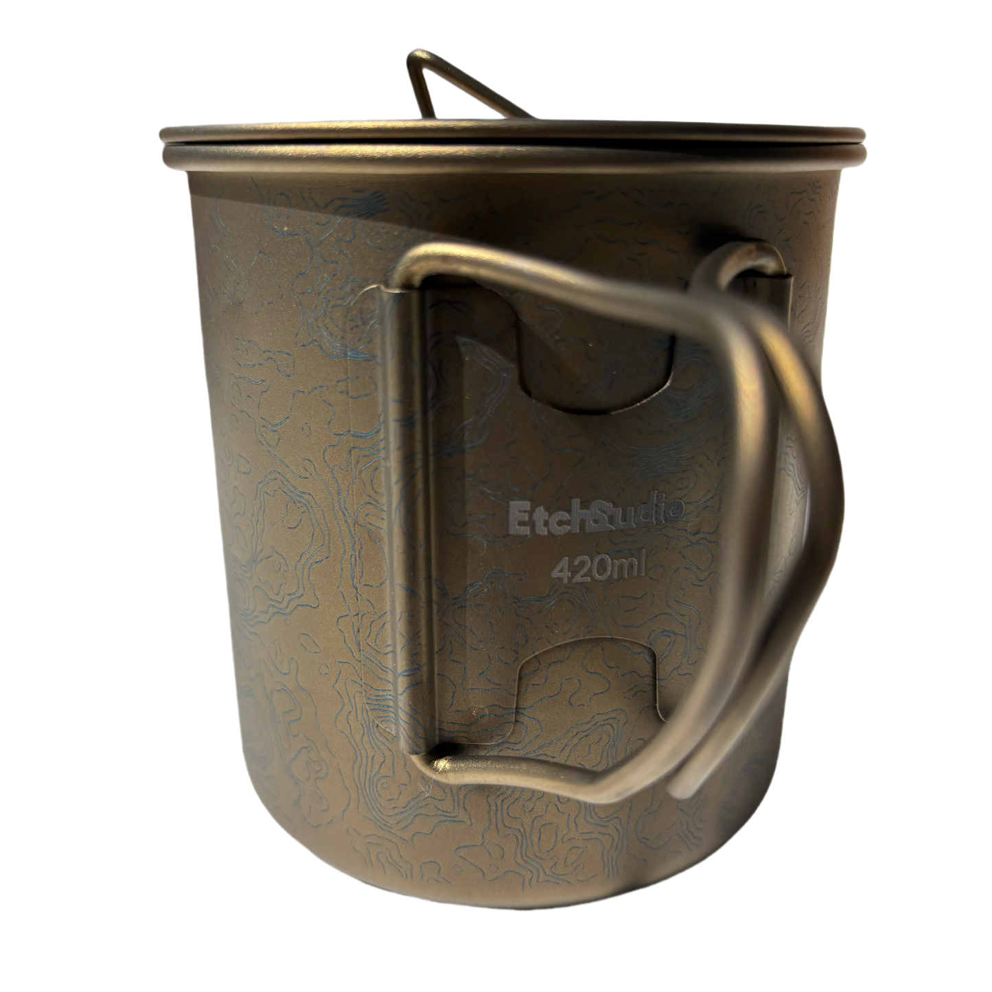 EtchStudio 420ml Pure Titanium Mug with Lid – Topographic Map Design, Ultralight, Durable, with Mesh Bag