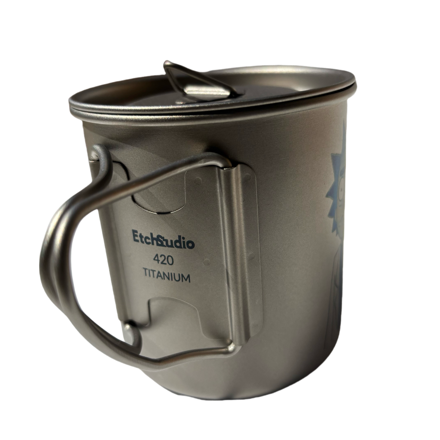 EtchStudio 420ml Pure Titanium Mug with Lid – Rick and Morty Theme, Ultralight, Durable, with Mesh Bag