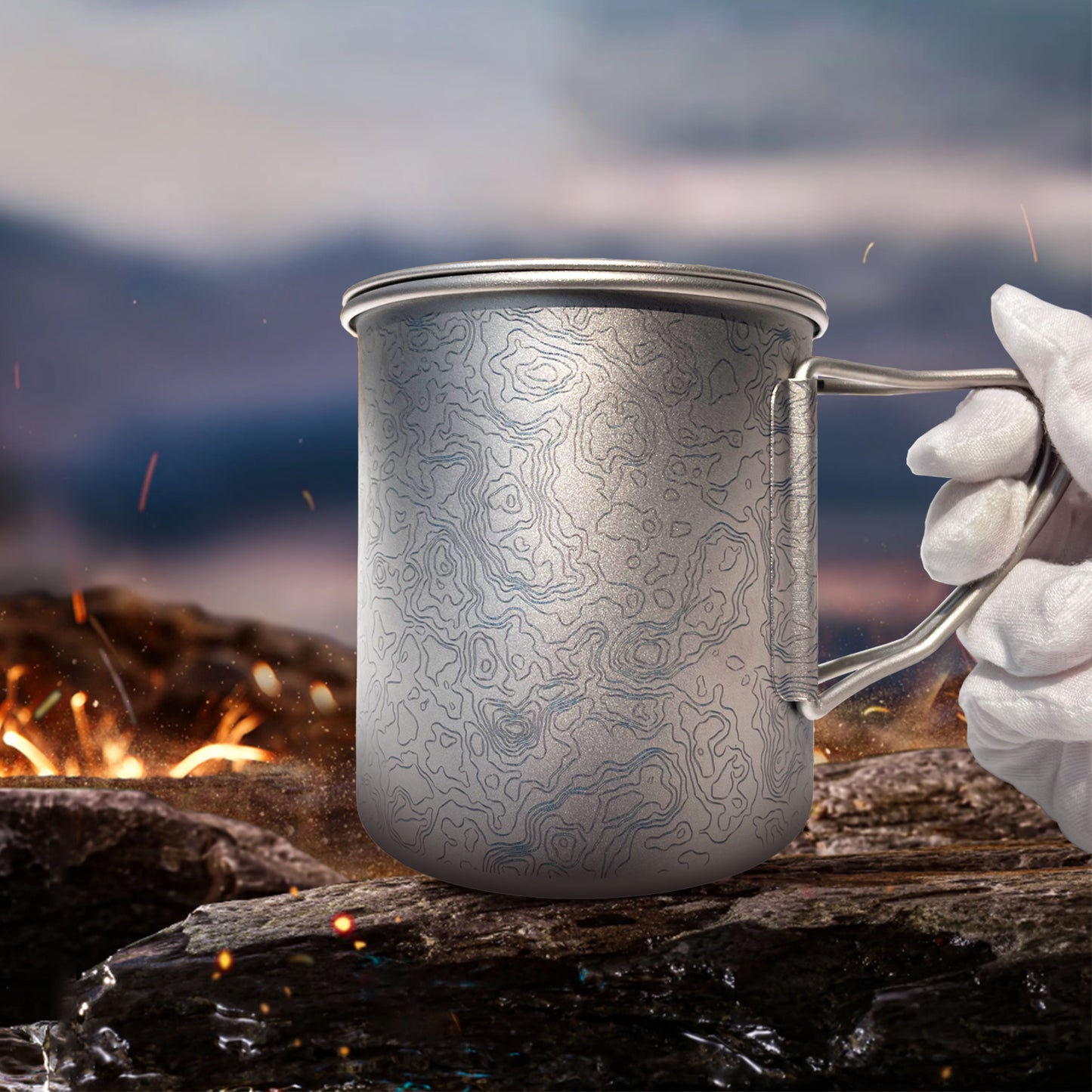 EtchStudio 420ml Pure Titanium Mug with Lid – Topographic Map Design, Ultralight, Durable, with Mesh Bag