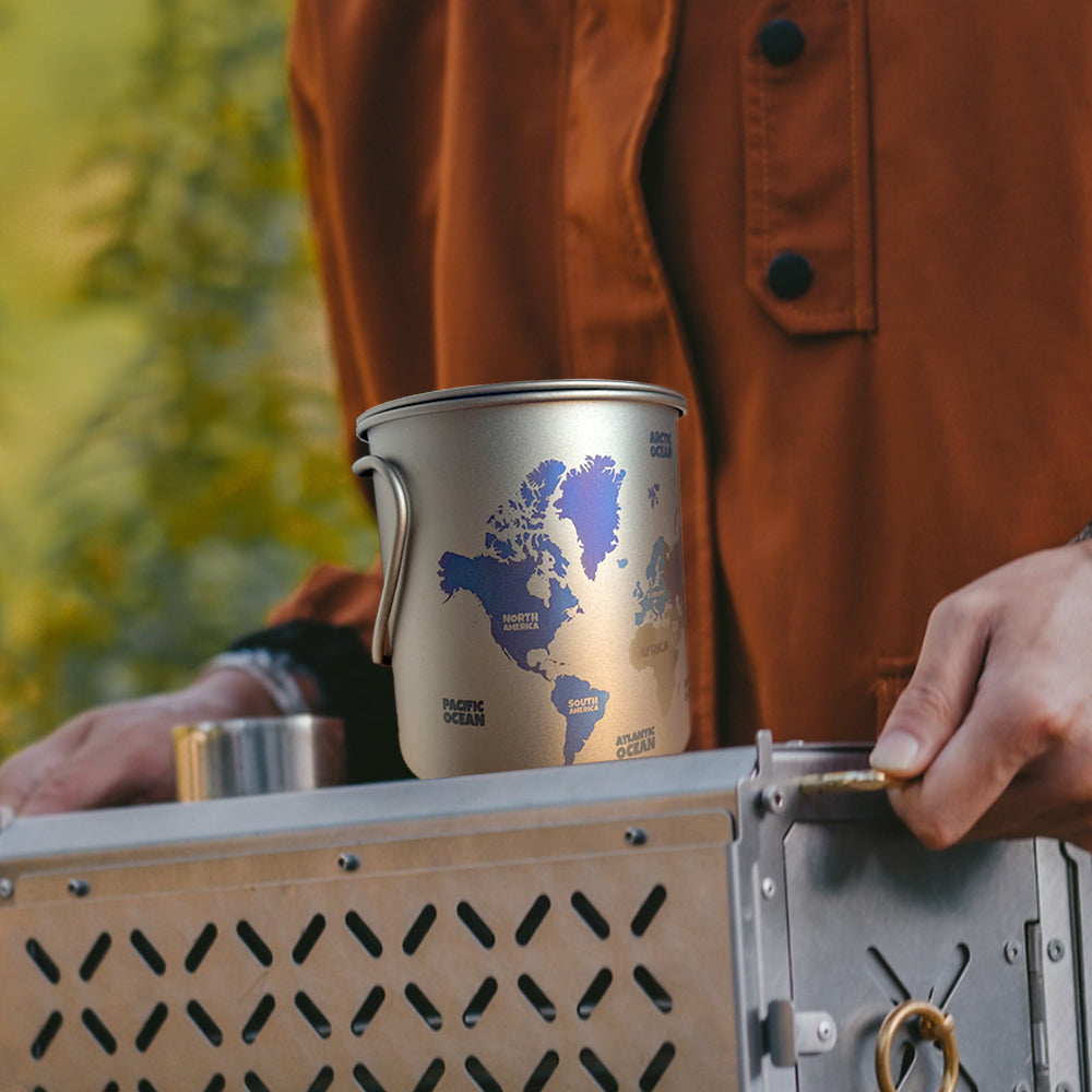 EtchStudio 450ml Titanium Mug with World Map Engraving – Customizable Camp Cup Custom 450ml Titanium Mug (World Map Sample) | EtchStudio Ultralight with Lid & Mesh Bag