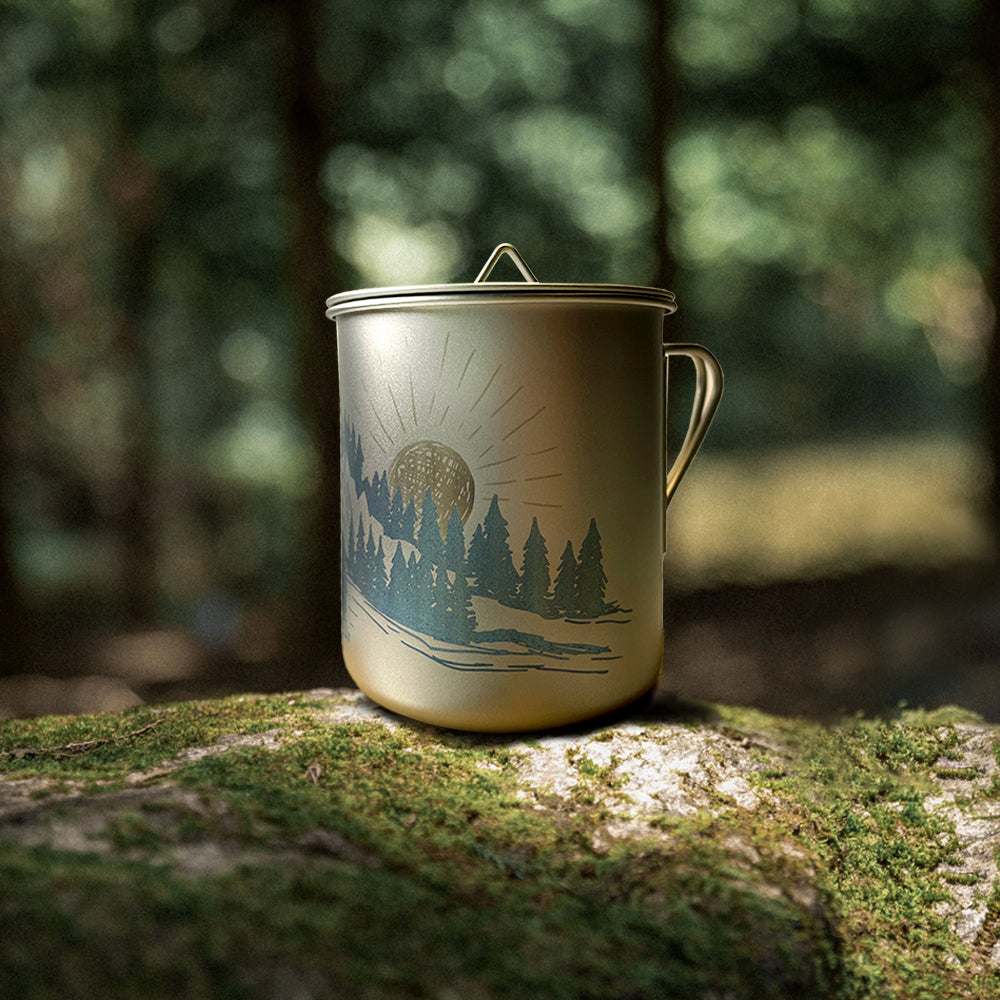 EtchStudio 450ml Titanium Mug with Lid & Mesh Bag – Ultralight Camping Cup