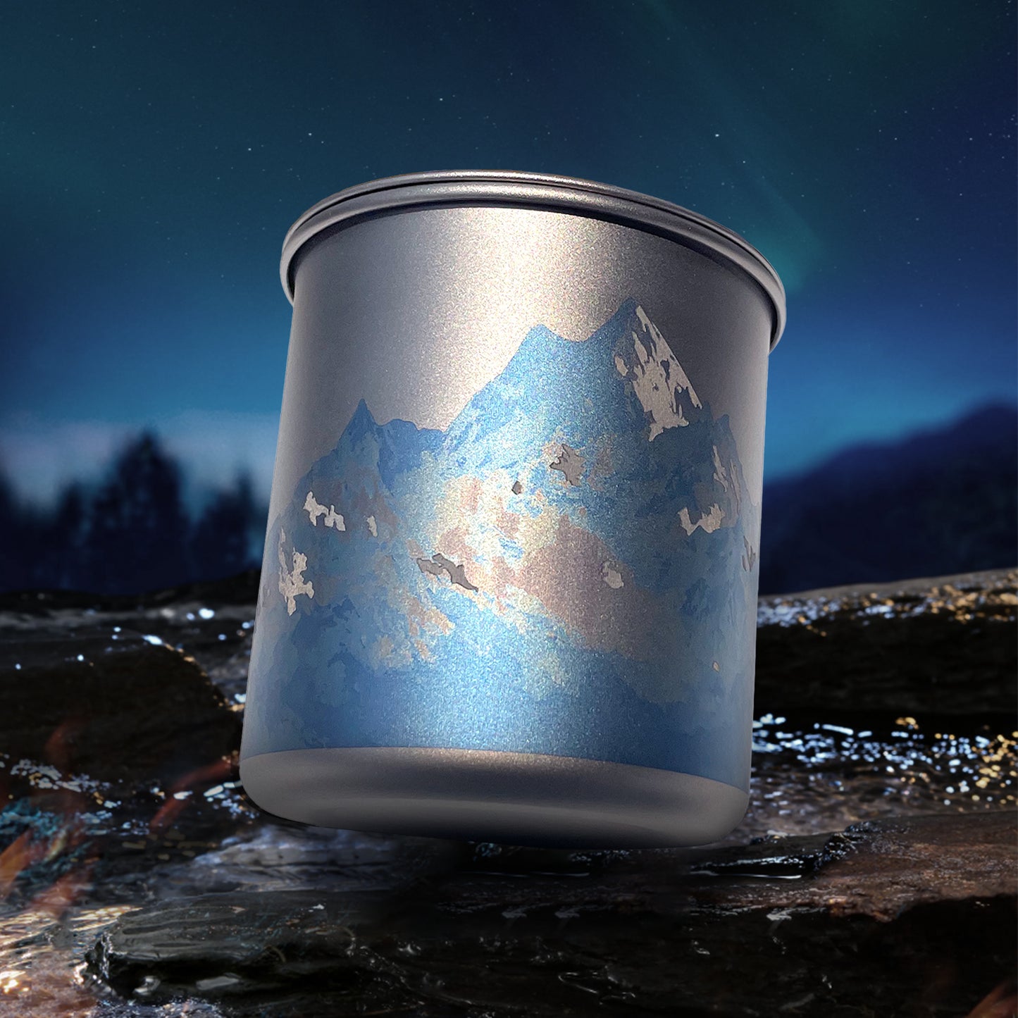 EtchStudio 420ml Pure Titanium Mug with Lid – Mountain Design, Ultralight, Durable, with Mesh Bag