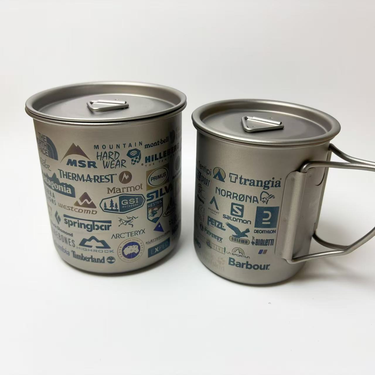 EtchStudio Titanium Camping Mug with Lid (300 ml / 450 ml) – Lightweight Outdoor Coffee Cup, Stackable “All-Brand” Edition