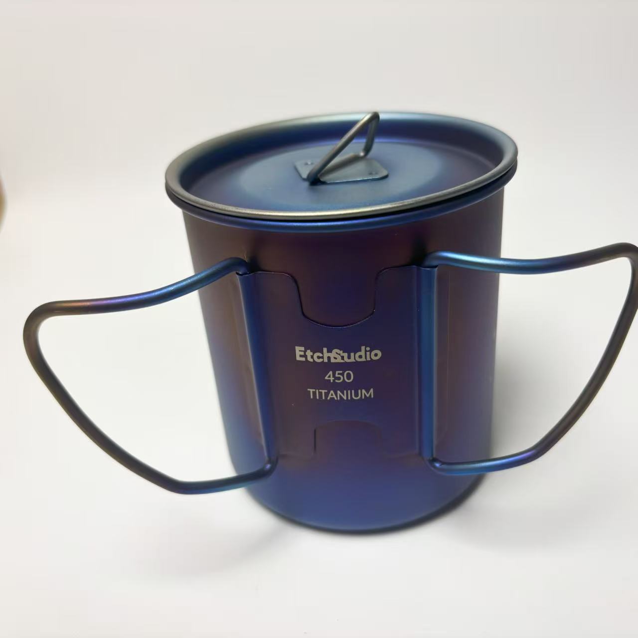 EtchStudio 450ml Pure Titanium Camping Mug | Handmade Flame-Blue Zodiac Engraved Cup with Lid