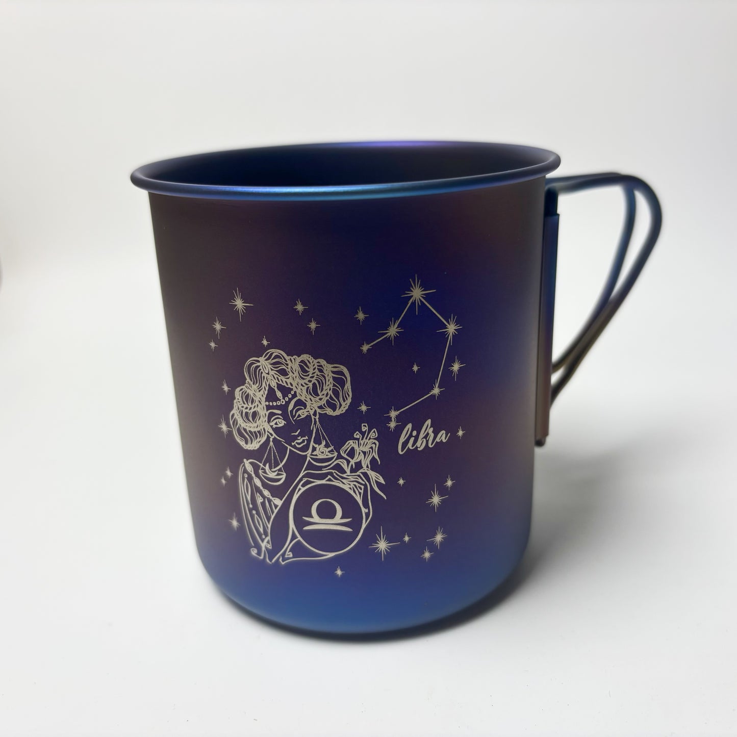 EtchStudio 450ml Pure Titanium Camping Mug | Handmade Flame-Blue Zodiac Engraved Cup with Lid