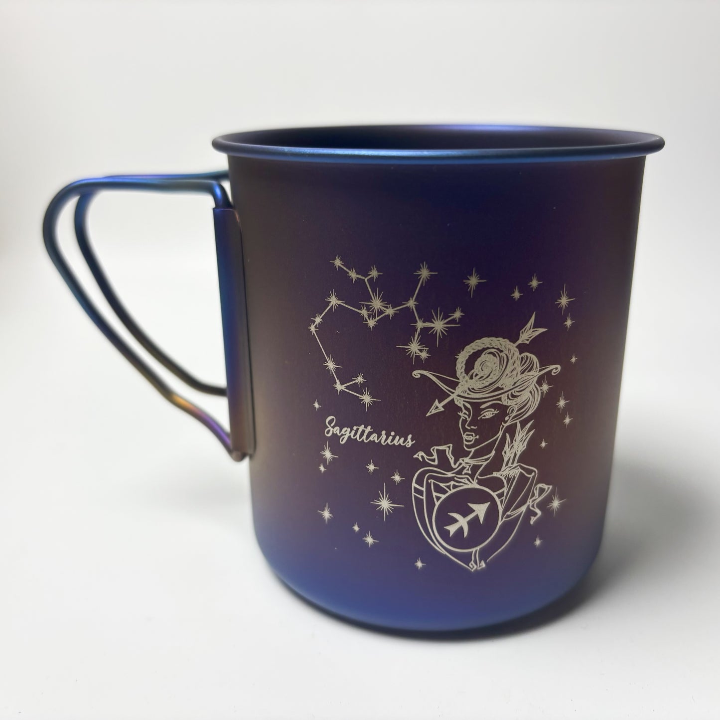 EtchStudio 450ml Pure Titanium Camping Mug | Handmade Flame-Blue Zodiac Engraved Cup with Lid