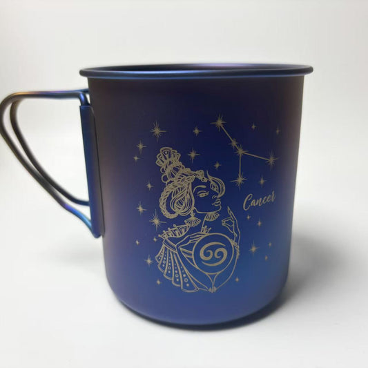 EtchStudio 450ml Pure Titanium Camping Mug | Handmade Flame-Blue Zodiac Engraved Cup with Lid