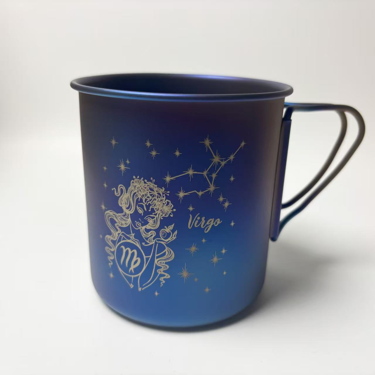 EtchStudio 450ml Pure Titanium Camping Mug | Handmade Flame-Blue Zodiac Engraved Cup with Lid