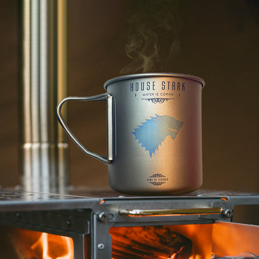 EtchStudio 420ml Pure Titanium Mug with Lid – Game of Thrones Theme, Ultralight, Durable, with Mesh Bag