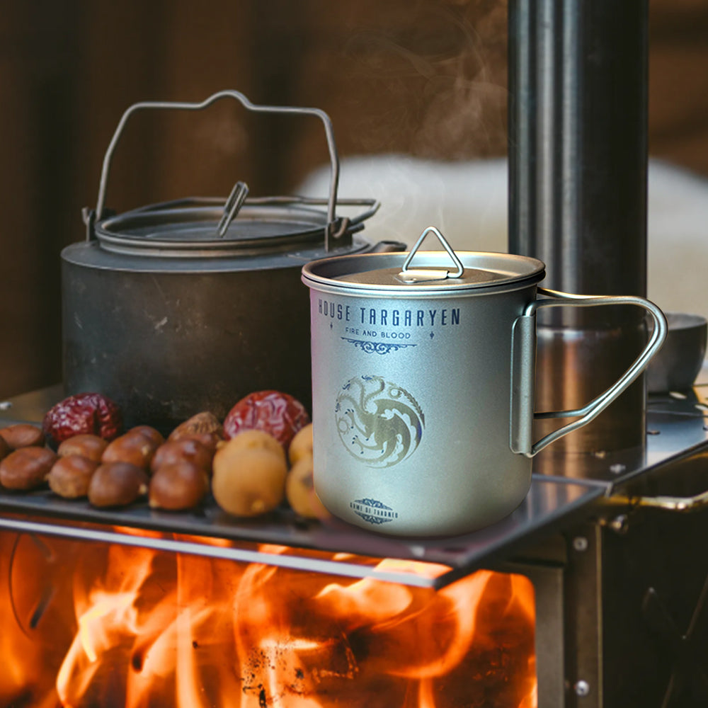 EtchStudio 420ml Pure Titanium Mug with Lid – Game of Thrones Theme, Ultralight, Durable, with Mesh Bag