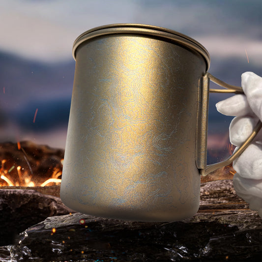 EtchStudio 420ml Pure Titanium Mug with Lid – Topographic Map Design, Ultralight, Durable, with Mesh Bag