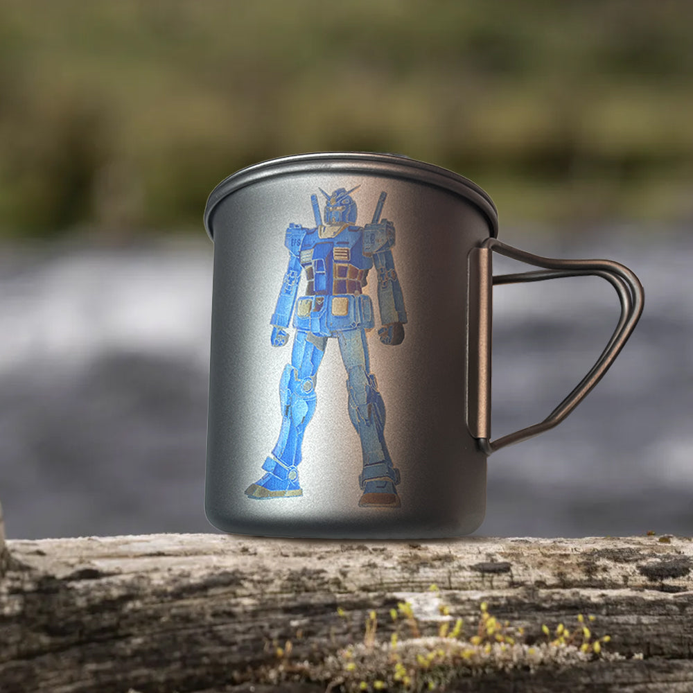 EtchStudio 420ml Pure Titanium Mug with Lid – Gundam Theme, Ultralight, Durable, with Mesh Bag