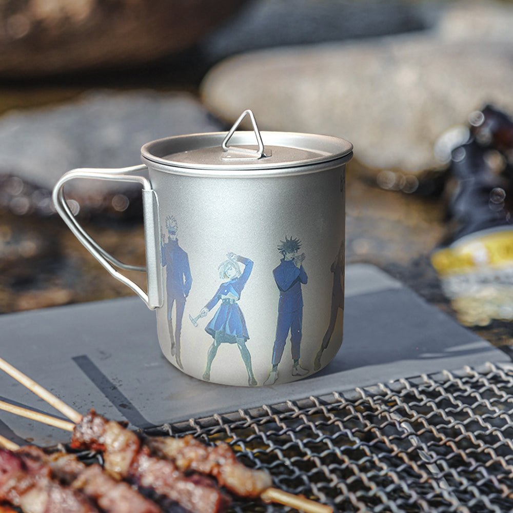 EtchStudio 420ml Pure Titanium Mug with Lid – Jujutsu Kaisen Theme, Ultralight, Durable, with Mesh Bag