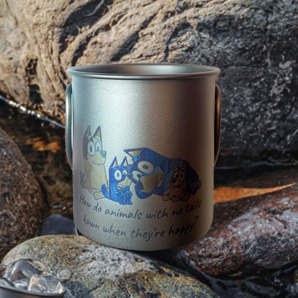 EtchStudio 300ml Pure Titanium Mug with Lid – Bluey Theme, Ultralight, Durable, with Mesh Bag