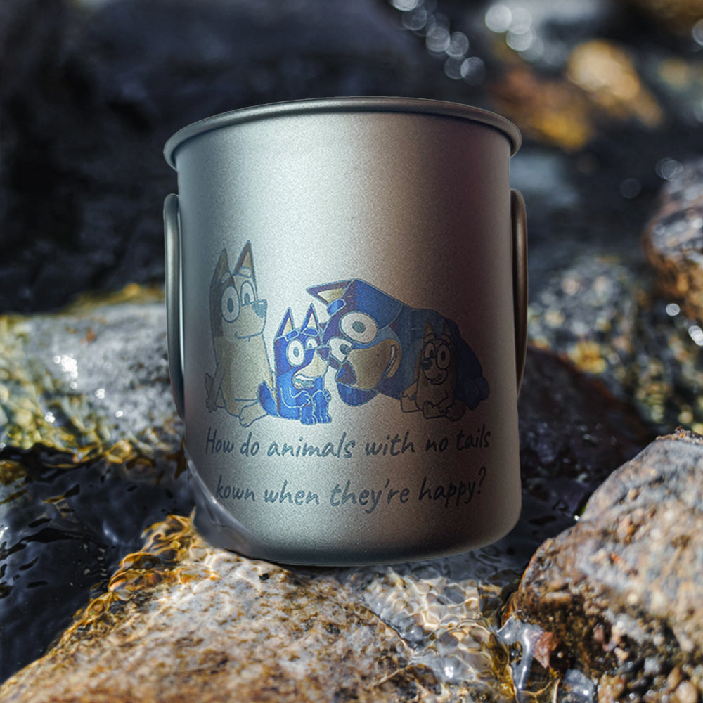 EtchStudio 300ml Pure Titanium Mug with Lid – Bluey Theme, Ultralight, Durable, with Mesh Bag