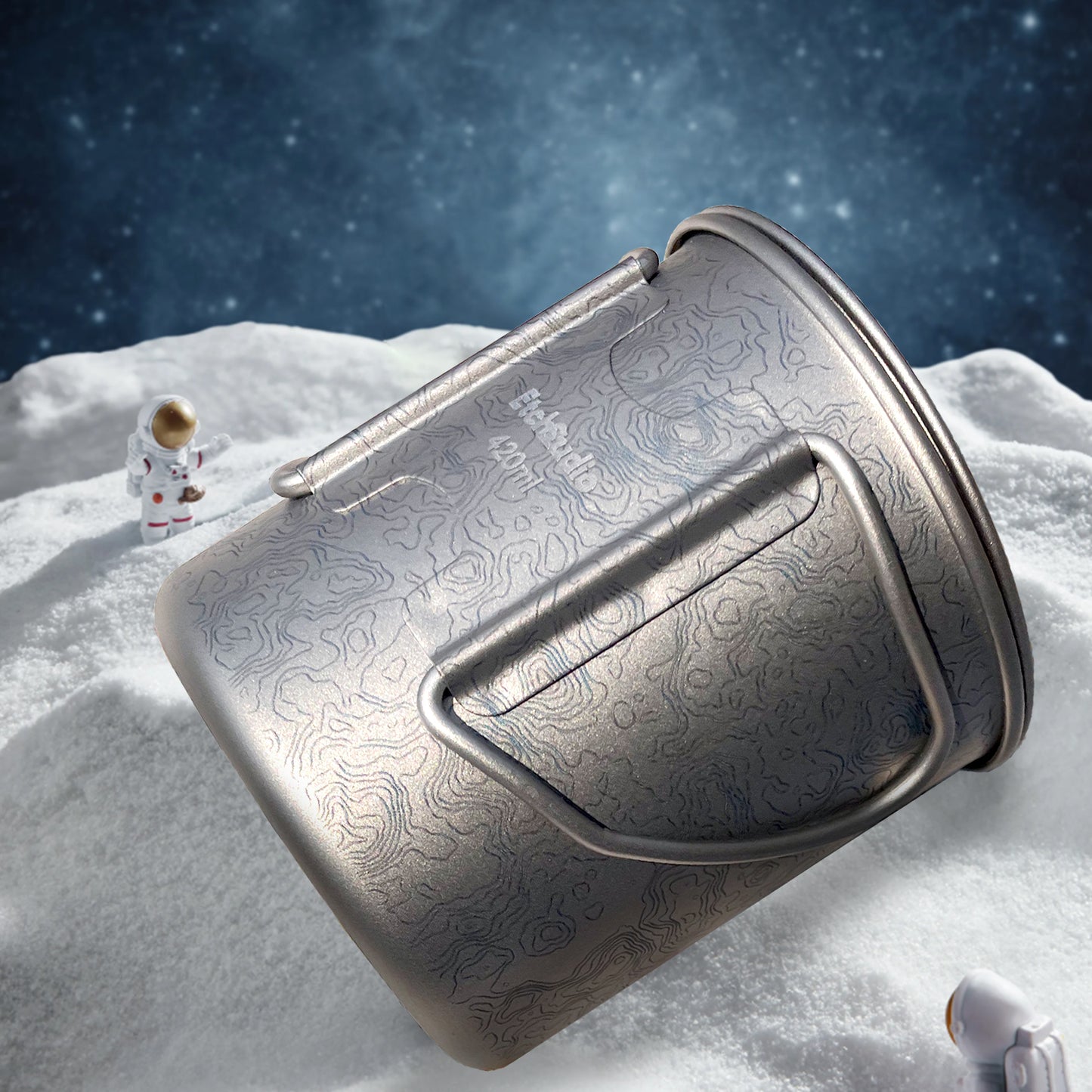 EtchStudio 420ml Pure Titanium Mug with Lid – Topographic Map Design, Ultralight, Durable, with Mesh Bag