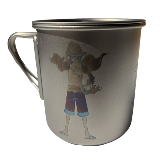 EtchStudio One Piece Pure Titanium Mug | 420ml, Lid & Mesh Bag | Lightweight, Durable Anime-Themed Drinkware