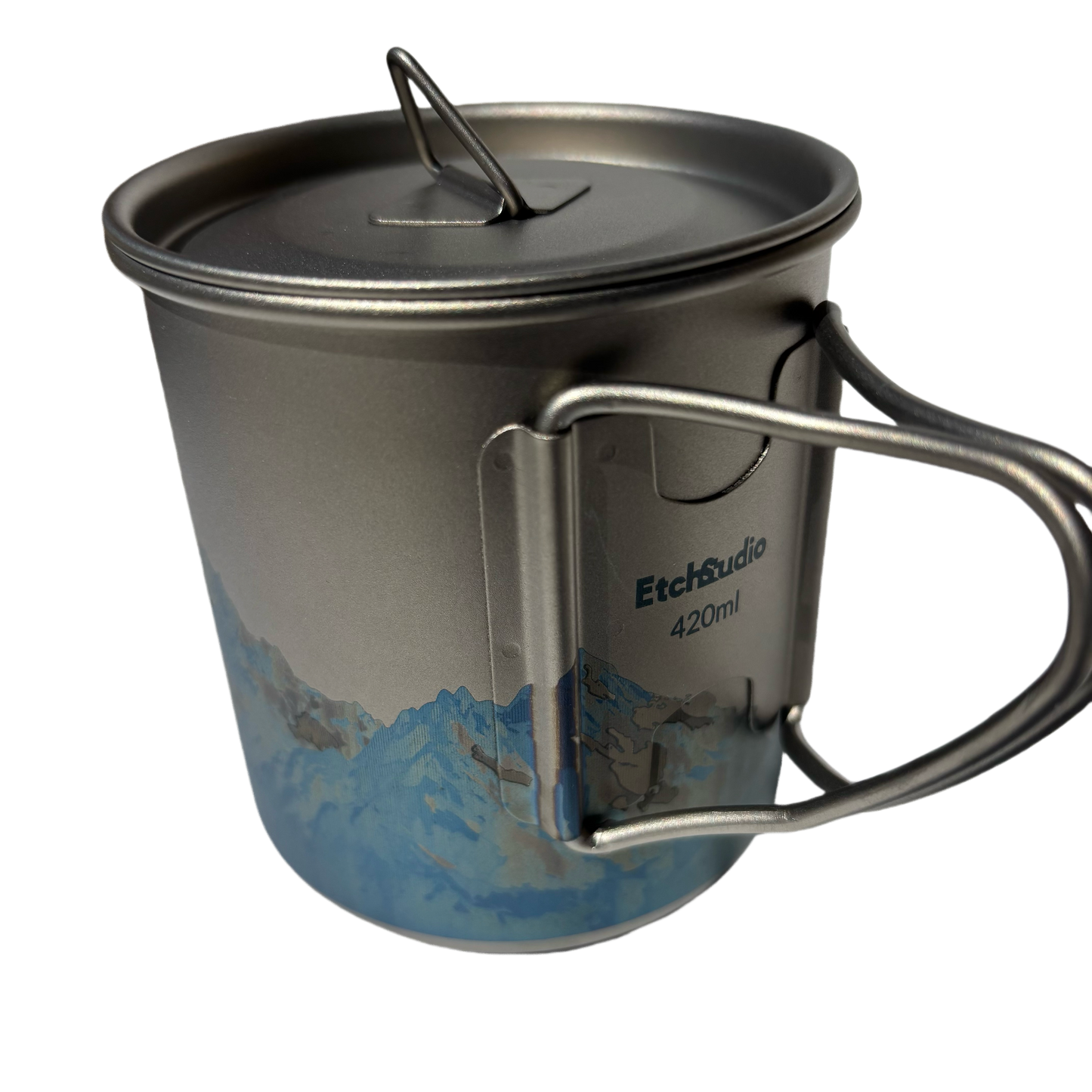 EtchStudio 420ml Pure Titanium Mug with Lid – Mountain Design, Ultralight, Durable, with Mesh Bag