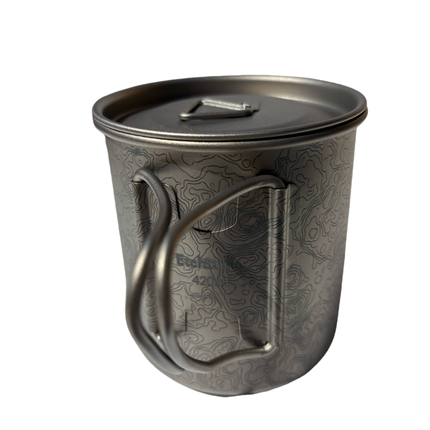 EtchStudio 420ml Pure Titanium Mug with Lid – Topographic Map Design, Ultralight, Durable, with Mesh Bag