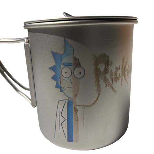 EtchStudio 420ml Pure Titanium Mug with Lid – Rick and Morty Theme, Ultralight, Durable, with Mesh Bag