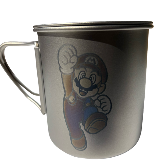 EtchStudio 420ml Pure Titanium Mug with Lid – Super Mario Theme, Ultralight, Durable, with Mesh Bag
