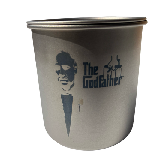 EtchStudio 420ml Pure Titanium Mug with Lid – The Godfather Theme, Ultralight, Durable, with Mesh Bag